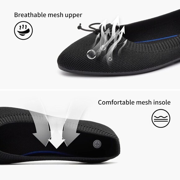 Women's Black Mesh Flats 8.5 Pointed Toe Bow Comfortable Dress Shoes - Picture 3 of 9